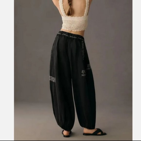 NEW Anthropologie M Embroidered Parachute Pants size M Black Linen Nwt 148$ - Picture 4 of 5